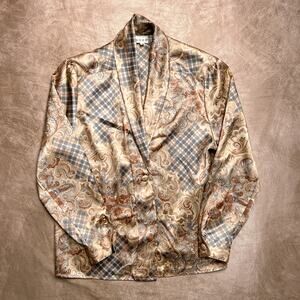 Vintage 80s Russ Satin Rocaille Floral Plaid Print Blouse Button Up Steampunk